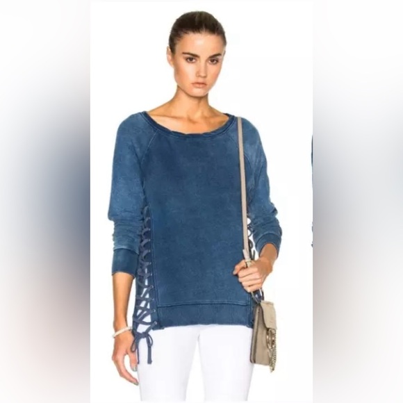 GUC Pam & Gela- Indigo Wash Side Lace-Up Sweatshirt. Size L - Picture 1 of 10